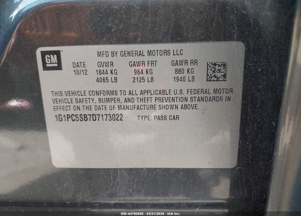 2013 CHEVROLET CRUZE 1LT AUTO VIN: 1G1PC5SB7D7173022
