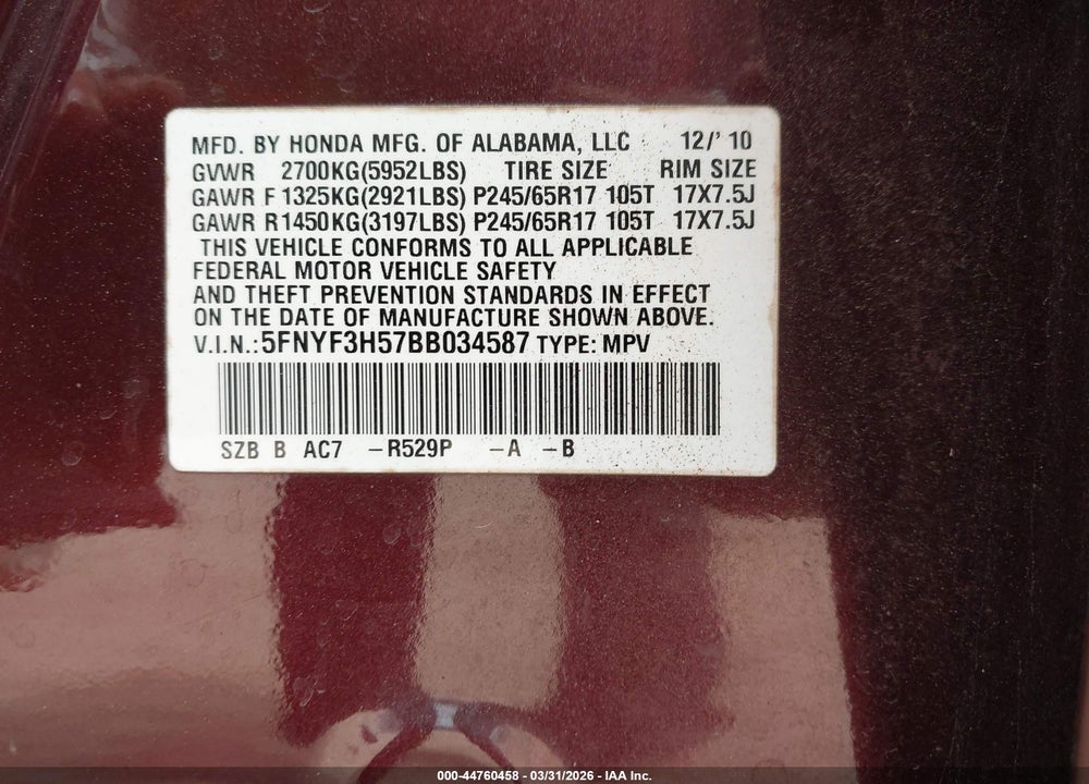 2011 HONDA PILOT EX-L VIN: 5FNYF3H57BB034587