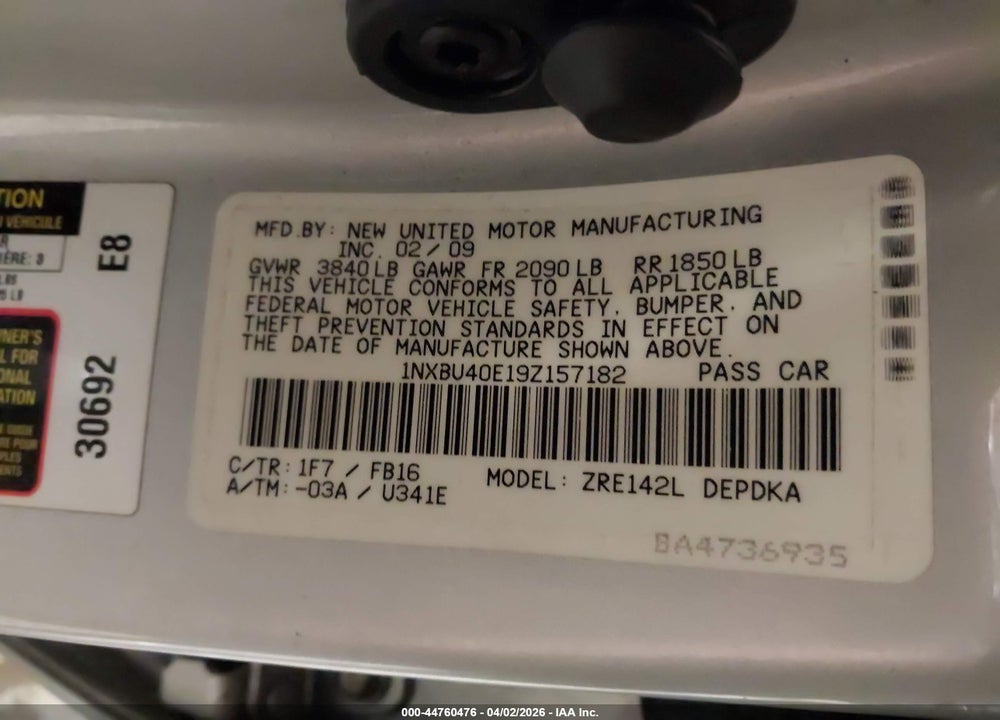 2009 TOYOTA COROLLA LE VIN: 1NXBU40E19Z157182
