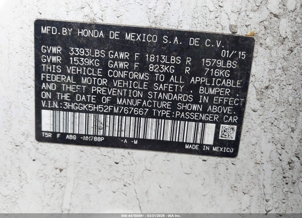 2015 HONDA FIT LX VIN: 3HGGK5H52FM767667
