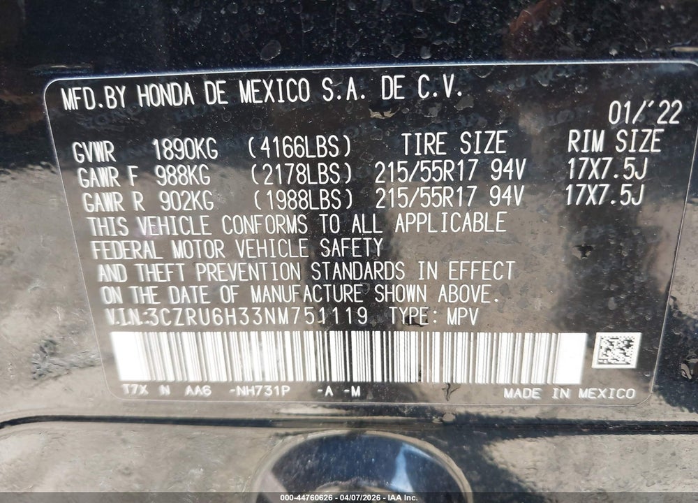 2022 HONDA HR-V VIN: 3CZRU6H33NM751119