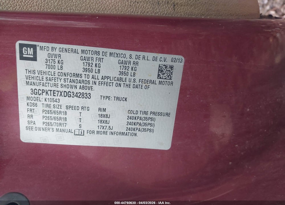 2013 CHEVROLET SILVERADO 1500 LTZ VIN: 3GCPKTE7XDG342833