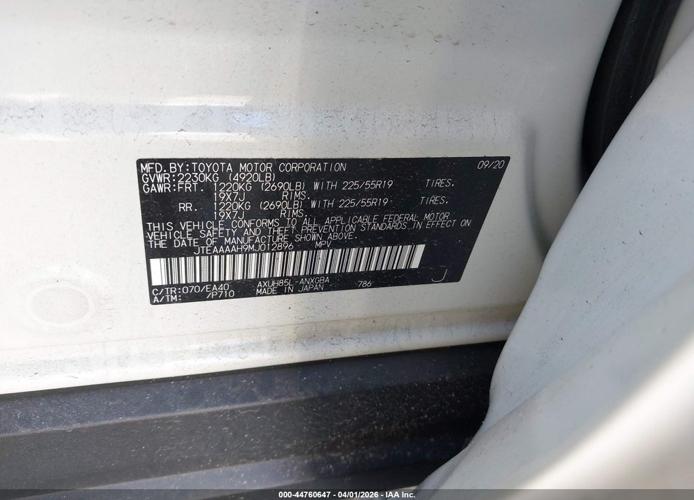 2021 TOYOTA VENZA XLE VIN: JTEAAAAH9MJ012896