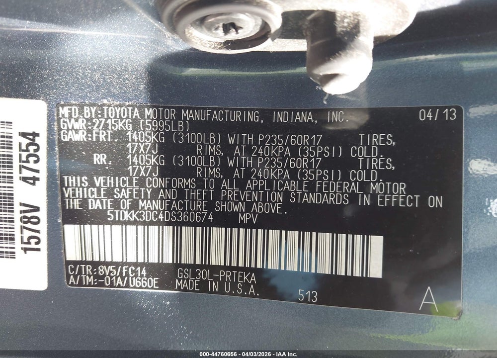 2013 TOYOTA SIENNA LE V6 8 PASSENGER VIN: 5TDKK3DC4DS360674