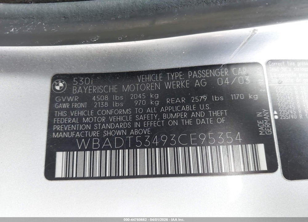 2003 BMW 530I VIN: WBADT53493CE95354