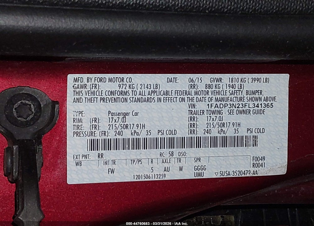 2015 FORD FOCUS TITANIUM VIN: 1FADP3N23FL341365