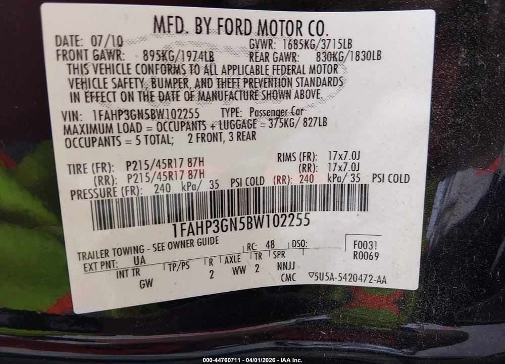 2011 FORD FOCUS SES VIN: 1FAHP3GN5BW102255