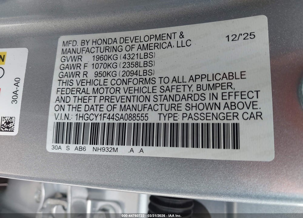 2025 HONDA ACCORD SE VIN: 1HGCY1F44SA088555