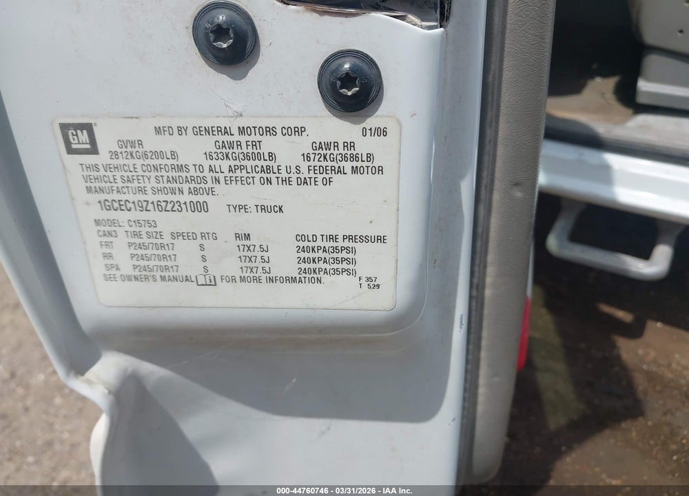 2006 CHEVROLET SILVERADO 1500 LT2 VIN: 1GCEC19Z16Z231000