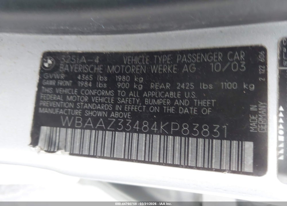 2004 BMW 325I VIN: WBAAZ33484KP83831