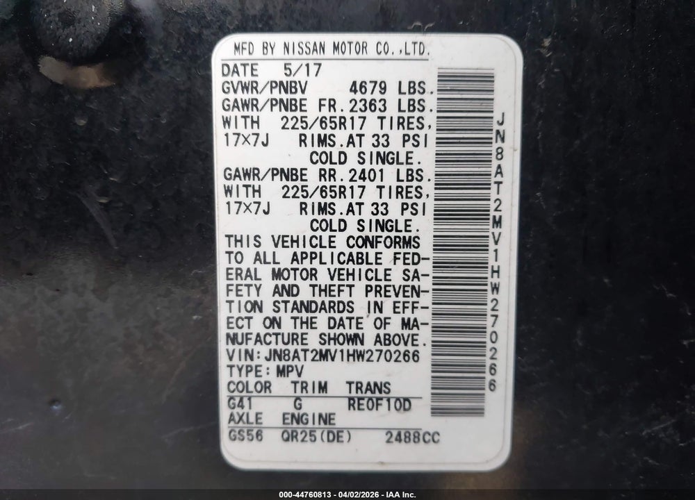 2017 NISSAN ROGUE SV VIN: JN8AT2MV1HW270266