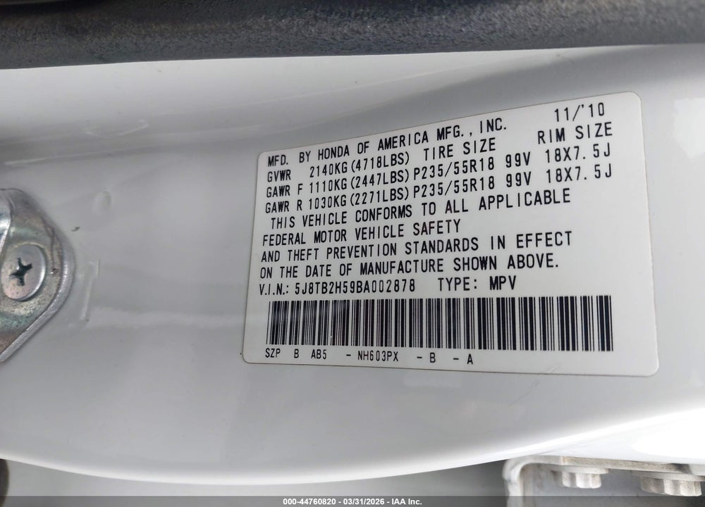 2011 ACURA RDX TECH PKG VIN: 5J8TB2H59BA002878