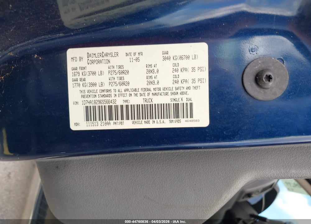 2006 DODGE RAM 1500 SLT VIN: 1D7HA18296S566432