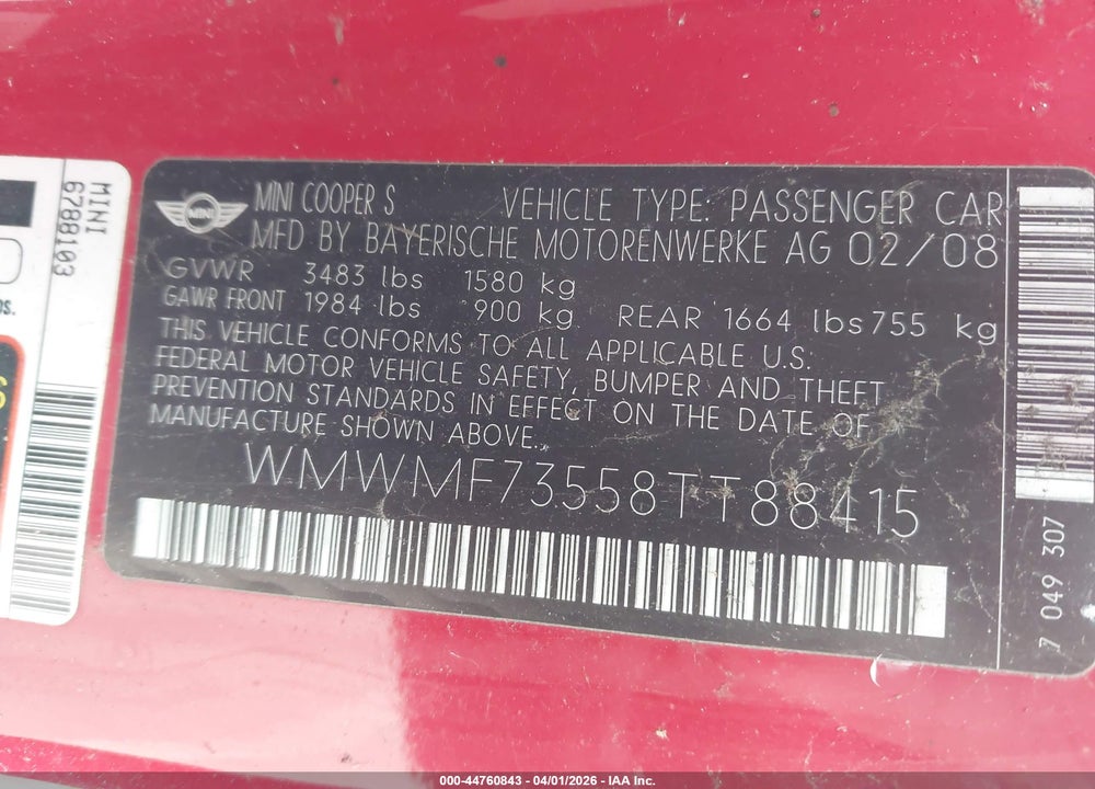 2008 MINI COOPER S VIN: WMWMF73558TT88415