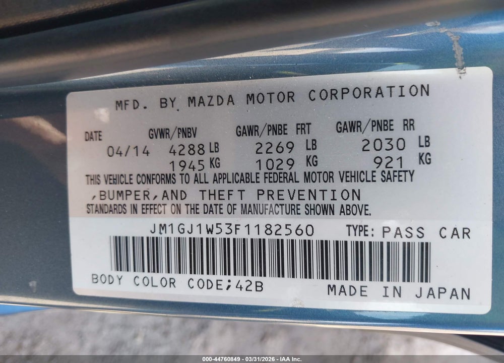 2015 MAZDA 6 I GRAND TOURING VIN: JM1GJ1W53F1182560