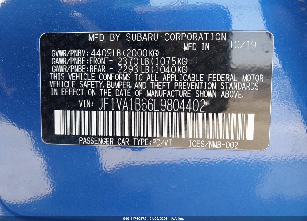 2020 SUBARU WRX PREMIUM VIN: JF1VA1B66L9804402