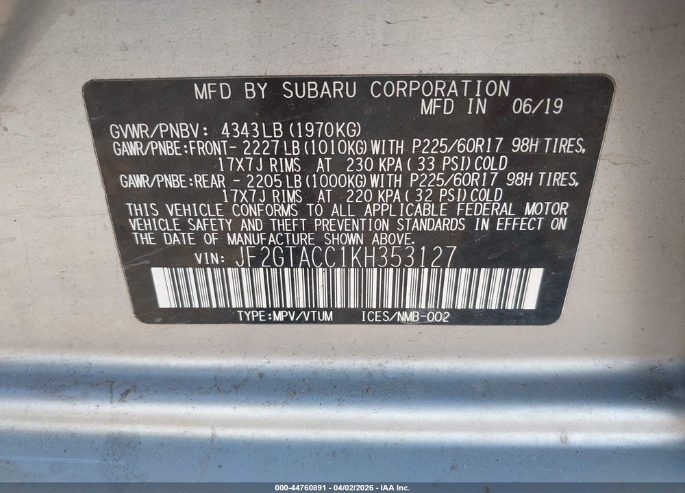 2019 SUBARU CROSSTREK 2.0I PREMIUM VIN: JF2GTACC1KH353127