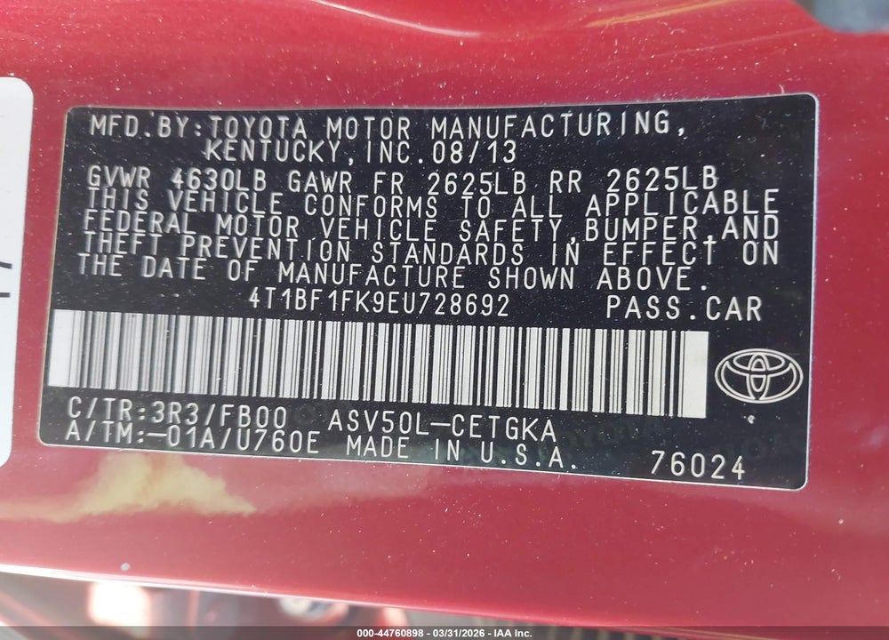 2014 TOYOTA CAMRY XLE VIN: 4T1BF1FK9EU728692