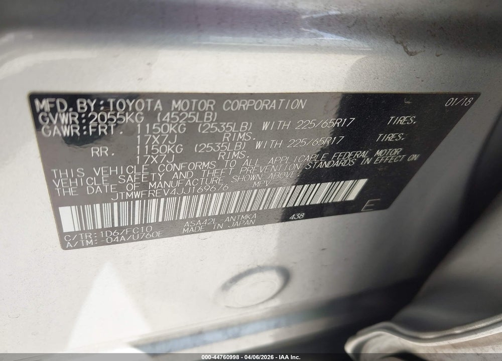 2018 TOYOTA RAV4 XLE VIN: JTMWFREV4JJ169676