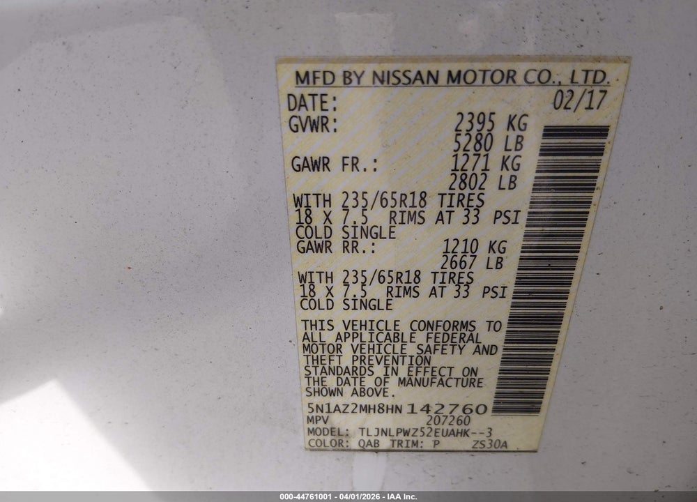 2017 NISSAN MURANO S VIN: 5N1AZ2MH8HN142760