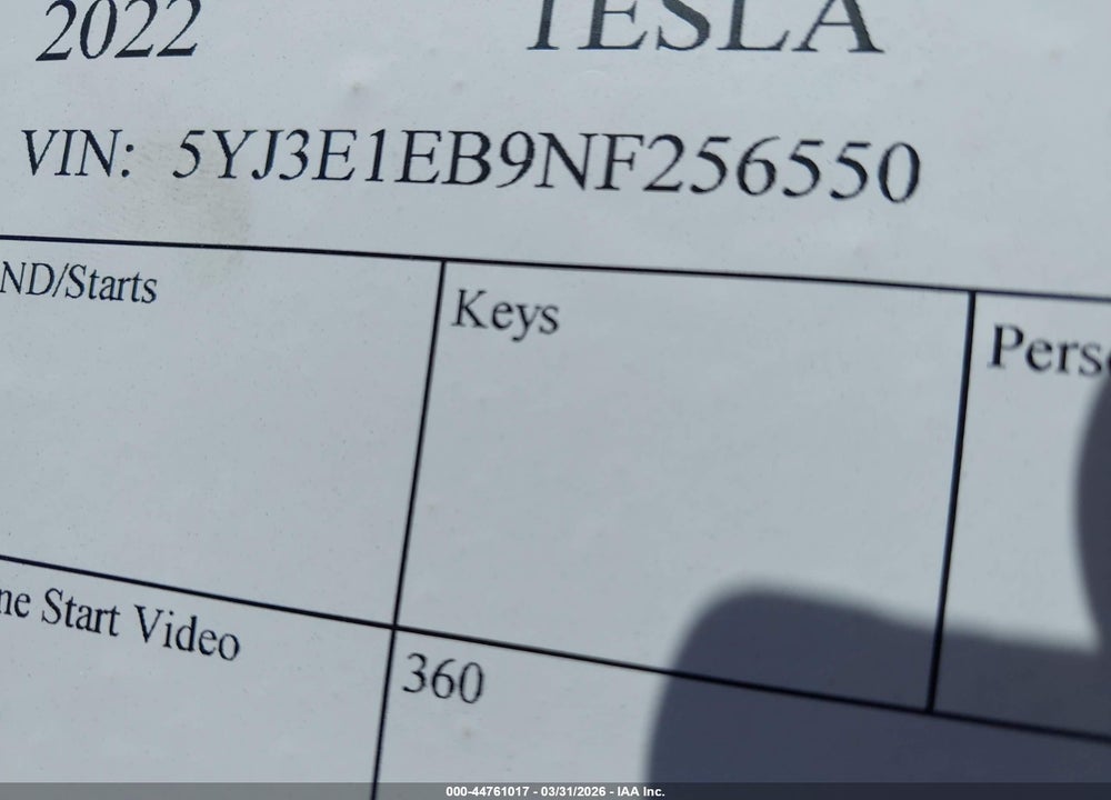 2022 TESLA MODEL 3 LONG RANGE DUAL MOTOR ALL-WHEEL DRIVE VIN: 5YJ3E1EB9NF256550