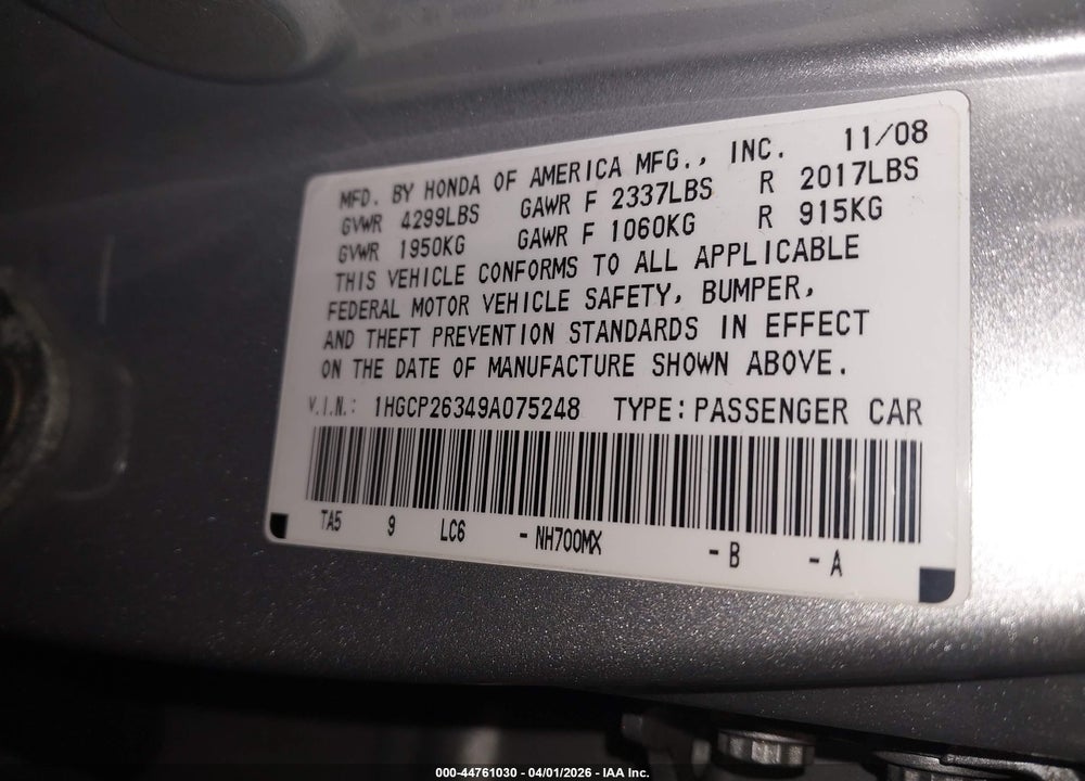 2009 HONDA ACCORD 2.4 LX VIN: 1HGCP26349A075248