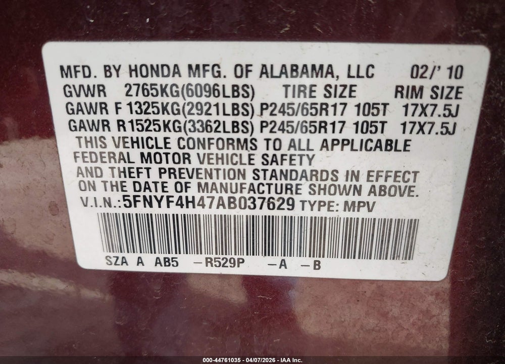 2010 HONDA PILOT EX VIN: 5FNYF4H47AB037629