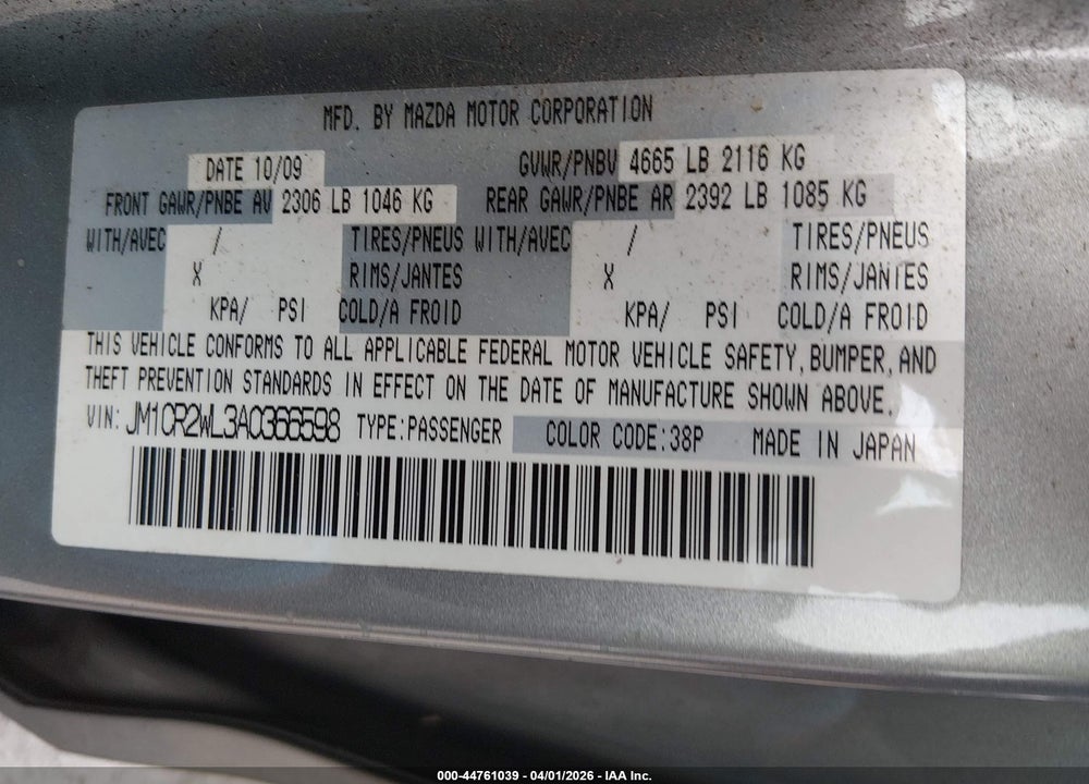 2010 MAZDA 5 SPORT VIN: JM1CR2WL3A0366598