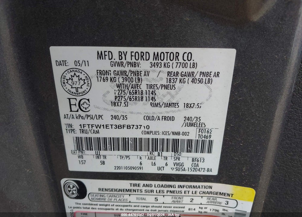 2011 FORD F-150 FX4 VIN: 1FTFW1ET3BFB73710