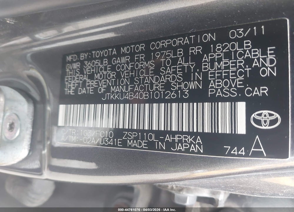 2011 SCION XD VIN: JTKKU4B40B1012613