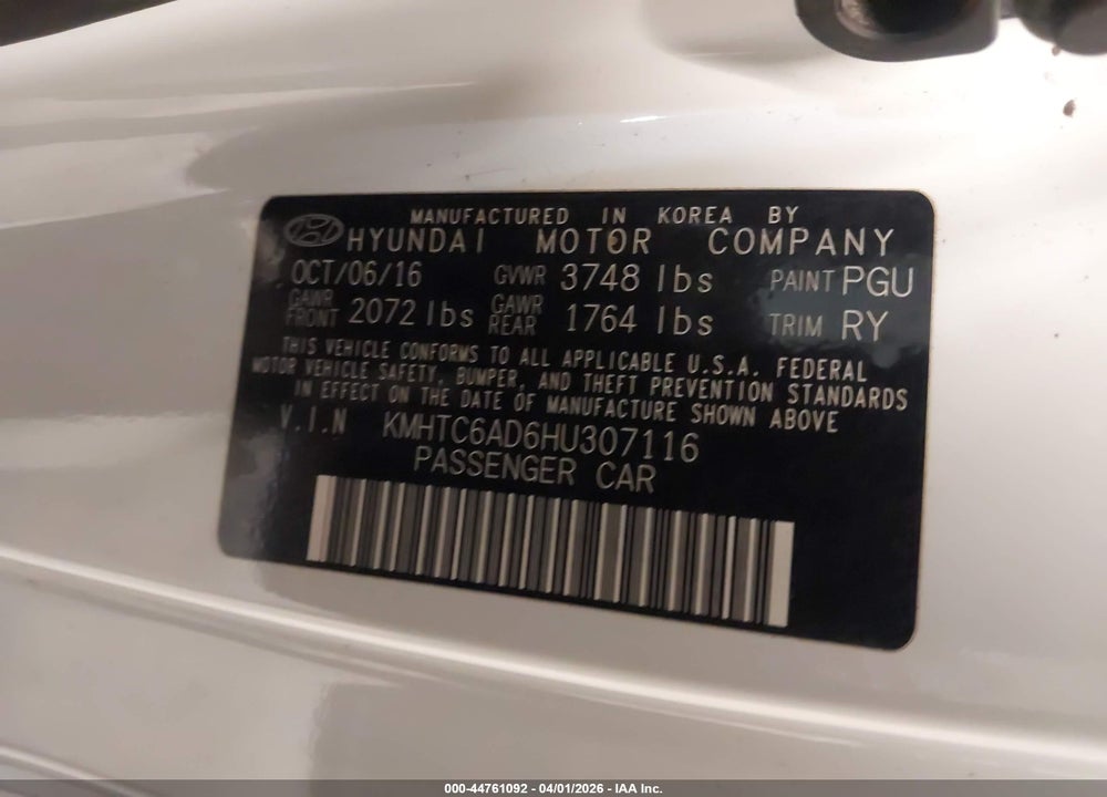 2017 HYUNDAI VELOSTER VIN: KMHTC6AD6HU307116