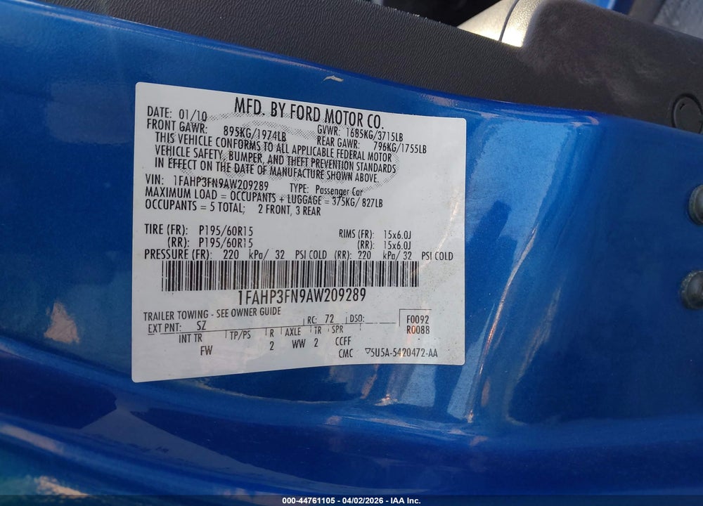 2010 FORD FOCUS SE VIN: 1FAHP3FN9AW209289