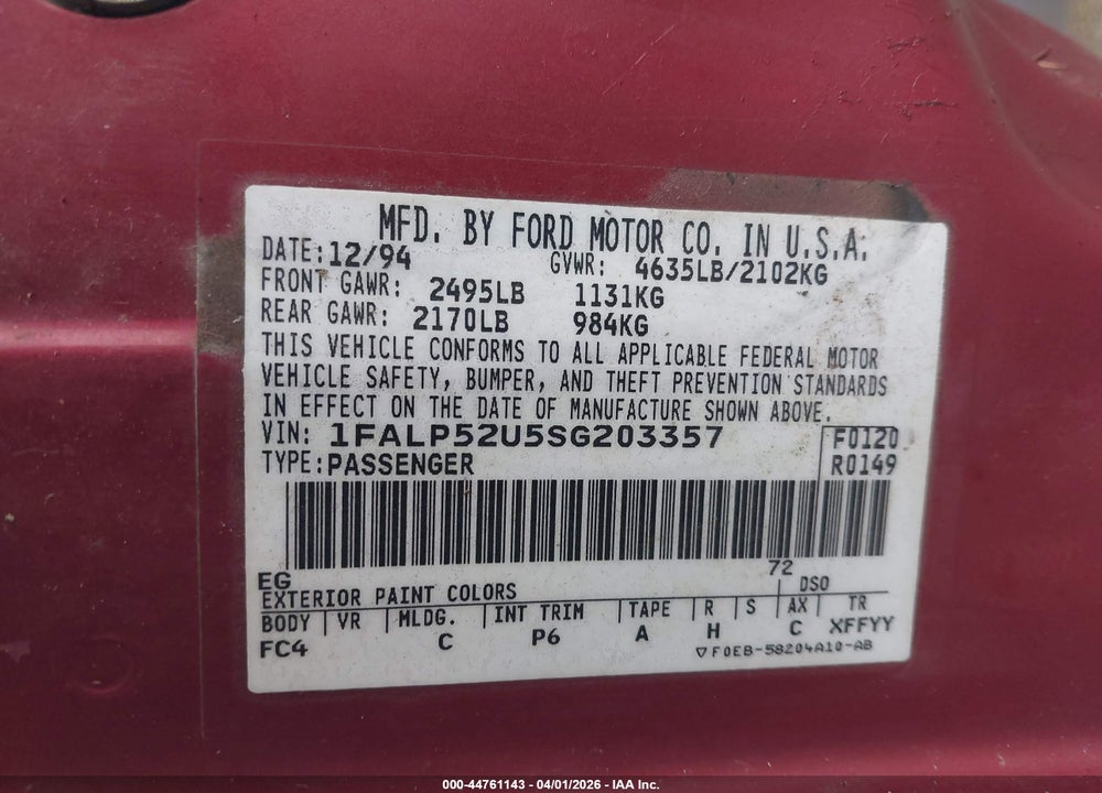 1995 FORD TAURUS GL/SE VIN: 1FALP52U5SG203357
