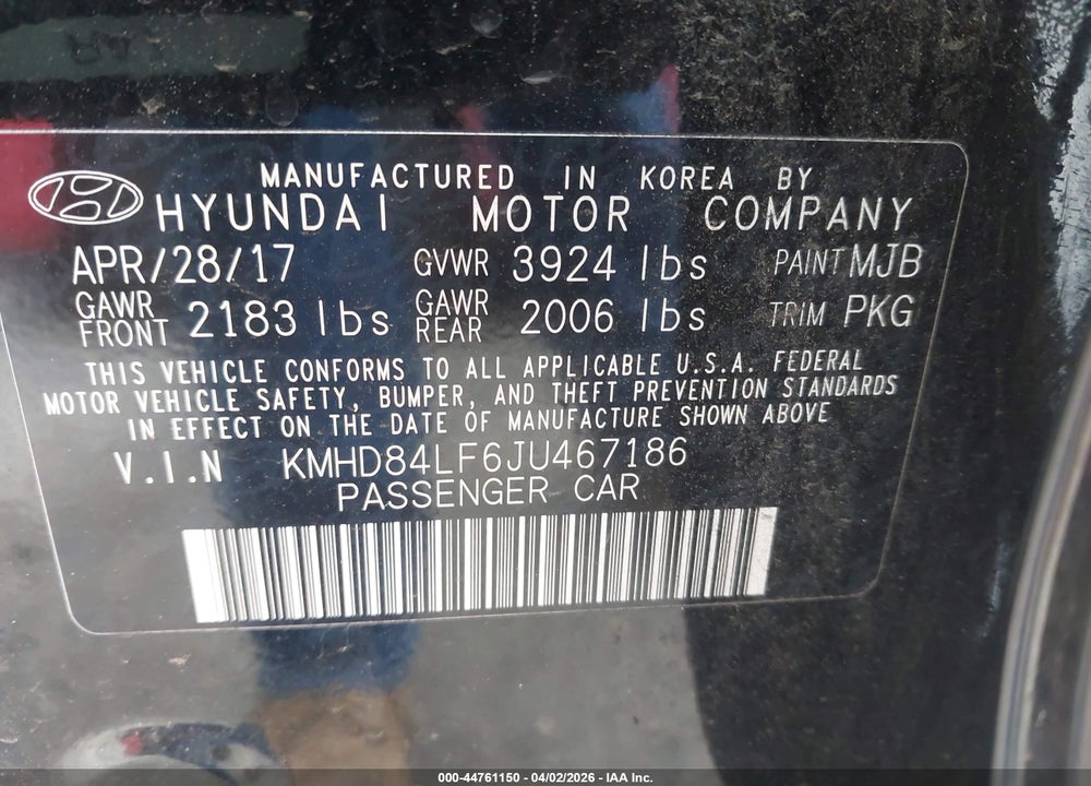 2018 HYUNDAI ELANTRA SEL VIN: KMHD84LF6JU467186