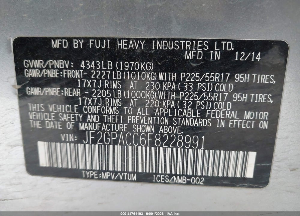 2015 SUBARU XV CROSSTREK 2.0I PREMIUM VIN: JF2GPACC6F8228991
