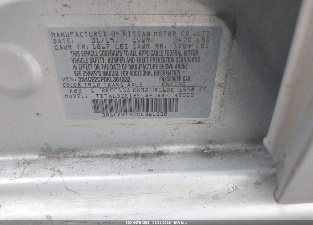 2019 NISSAN VERSA NOTE SV VIN: 3N1CE2CP0KL361532
