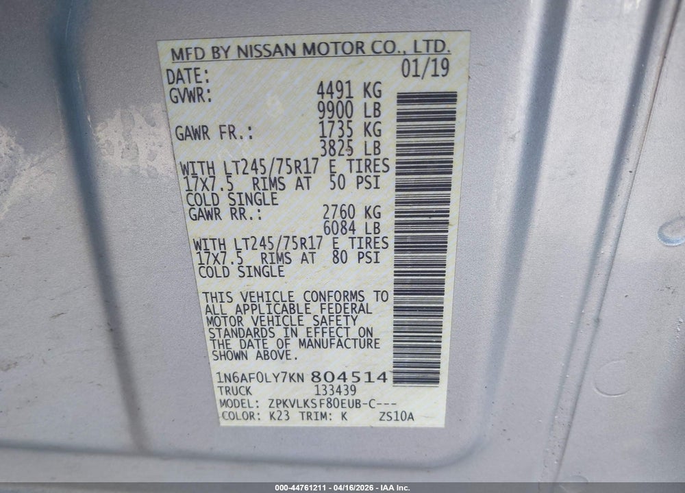 2019 NISSAN NV CARGO NV3500 HD SL V8 VIN: 1N6AF0LY7KN804514