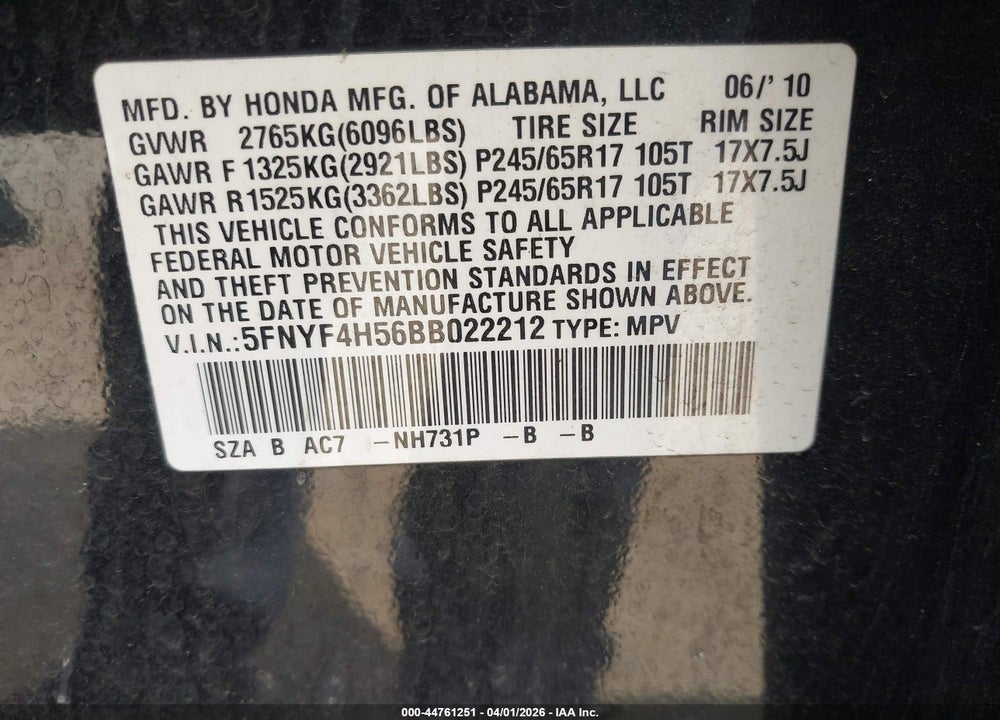 2011 HONDA PILOT EX-L VIN: 5FNYF4H56BB022212