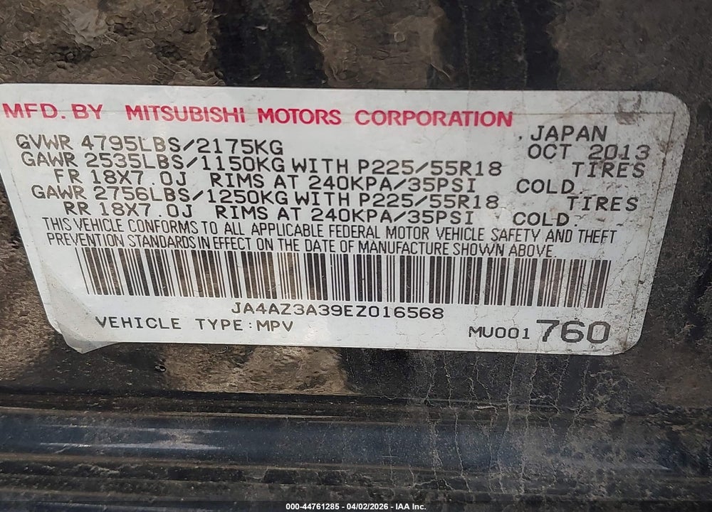 2014 MITSUBISHI OUTLANDER SE VIN: JA4AZ3A39EZ016568