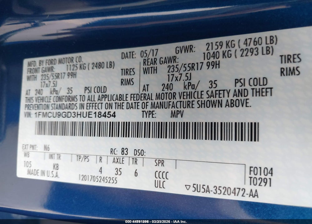 2017 FORD ESCAPE SE VIN: 1FMCU9GD3HUE18454