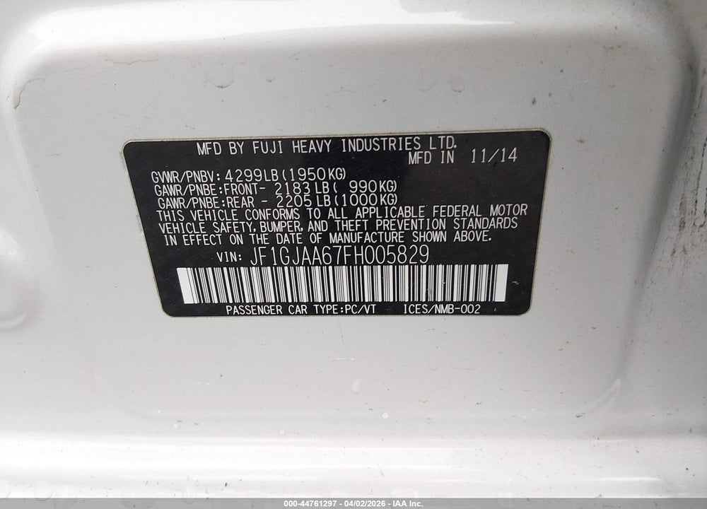 2015 SUBARU IMPREZA 2.0I VIN: JF1GJAA67FH005829