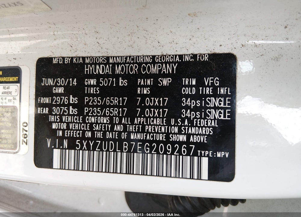 2014 HYUNDAI SANTA FE SPORT 2.4L VIN: 5XYZUDLB7EG209267
