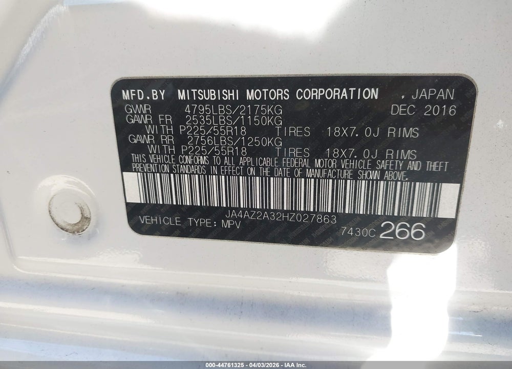 2017 MITSUBISHI OUTLANDER ES VIN: JA4AZ2A32HZ027863