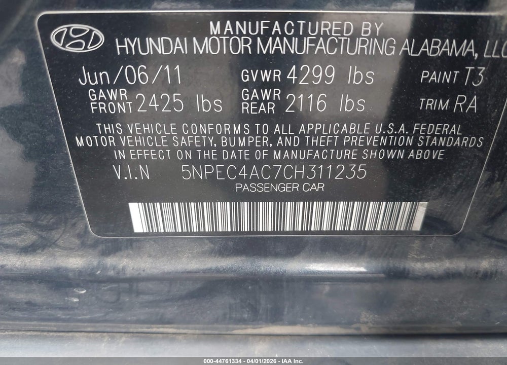 2012 HYUNDAI SONATA LIMITED VIN: 5NPEC4AC7CH311235