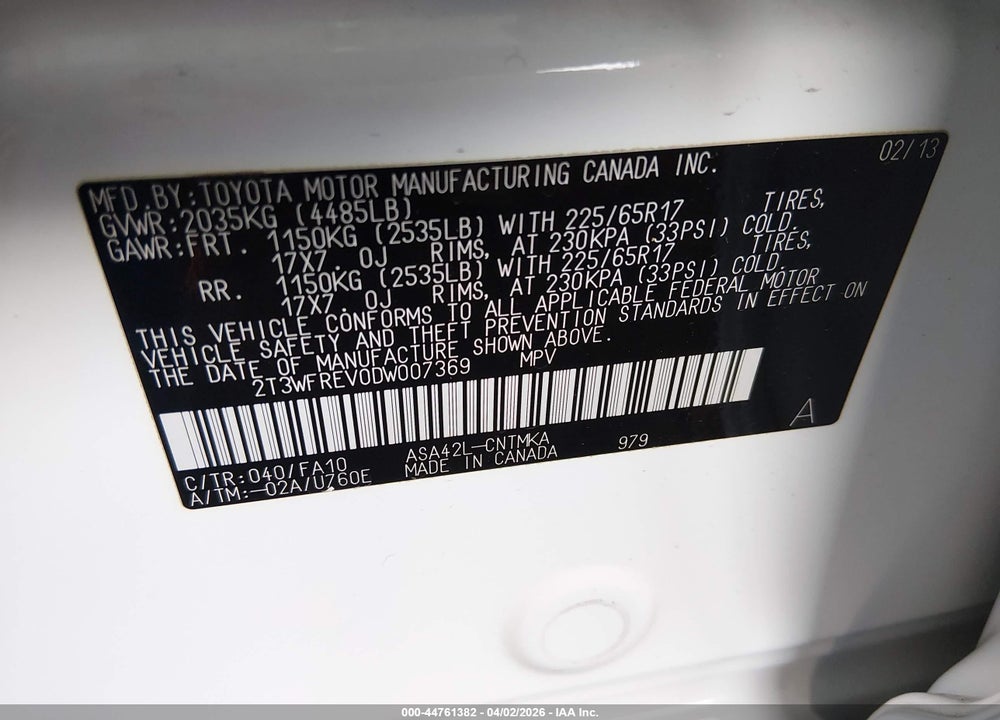 2013 TOYOTA RAV4 XLE VIN: 2T3WFREV0DW007369