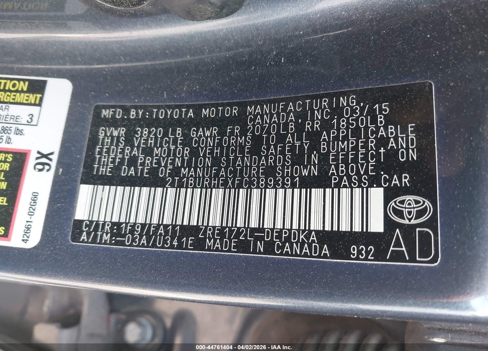 2015 TOYOTA COROLLA L VIN: 2T1BURHEXFC389391