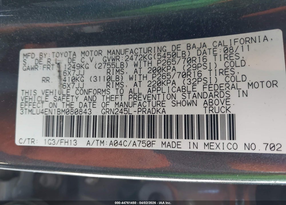2011 TOYOTA TACOMA BASE V6 VIN: 3TMLU4EN1BM080843
