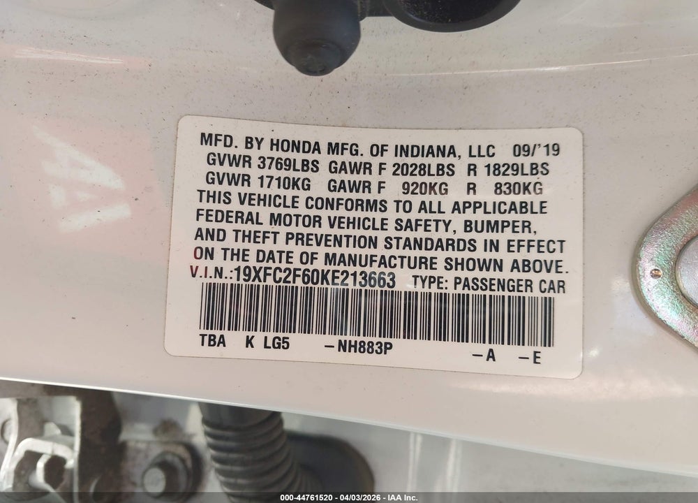 2019 HONDA CIVIC LX VIN: 19XFC2F60KE213663
