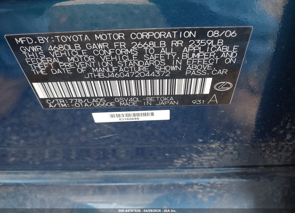 2007 LEXUS ES 350 VIN: JTHBJ46G472044372