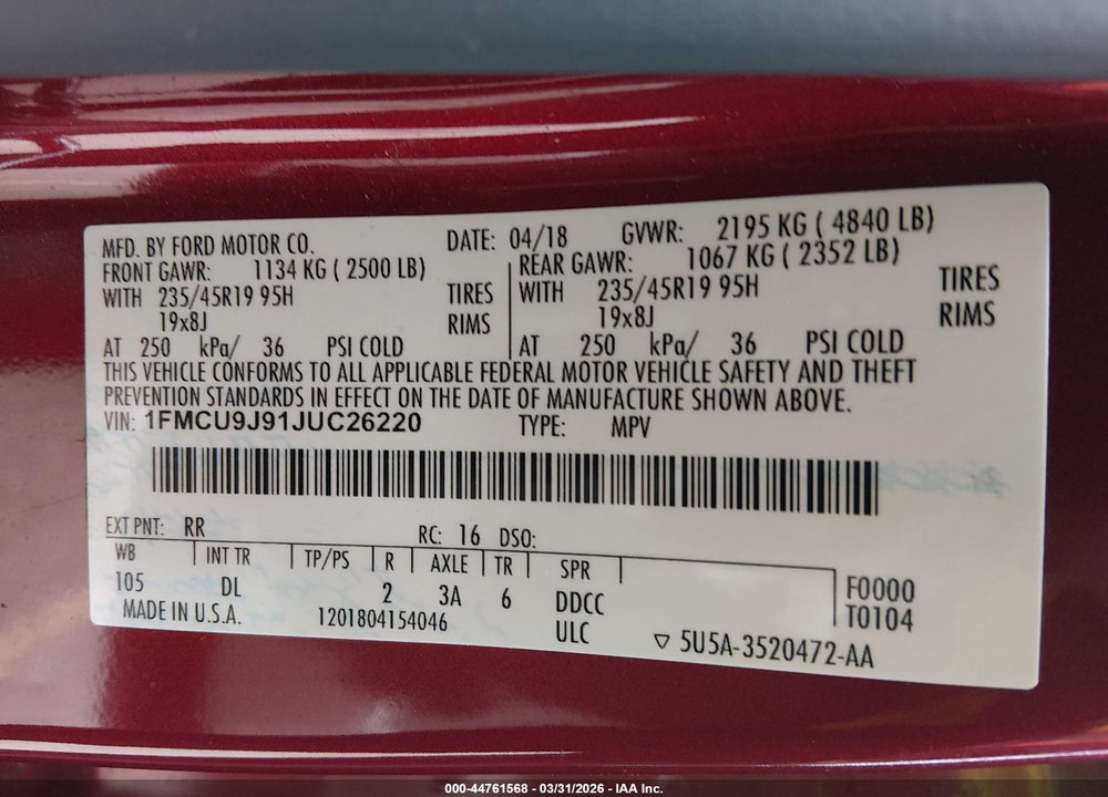 2018 FORD ESCAPE TITANIUM VIN: 1FMCU9J91JUC26220
